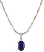 New 10.47ct Oval Tanzanite and 7.50ctw Mixed Cut Diamond Pendant Necklace in 14K