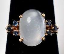 Stunning 10K Yellow Gold Moonstone Gemstone Ring with Blue Sapphire Gemstone Accents