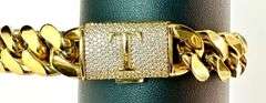 Sparkling 14 Kt Gold Plate 74.6 Grams Monogramed Initial "T" Curb Link Bracelet