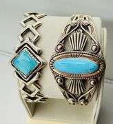 925 Sterling Silver Two Native American Navajo Turquoise Cuff Bracelets
