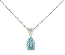 New 4.27ct Pear Shaped Aquamarine and 1.01ct Pear Shaped Diamond Pendant Necklace in 14K
