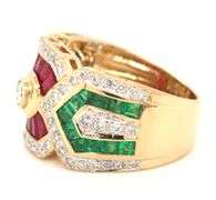 18kt Yellow gold Levian retro ruby, sapphire, emerald and diamond mosaic set ring