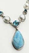 925 Vintage Sterling Silver Larimar, Blue Topaz And Pearl Necklace