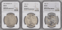 3 Different NGC MS64 graded Morgan & Peace Silver Dollars