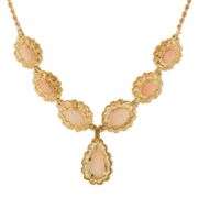 Vintage Angel Skin Coral and Ruby Filigree Frame Pendant Station Necklace in 18K