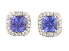 New 1.09ctw Cushion Tanzanite and 0.32ctw Diamond Frame Stud Earrings in 14K