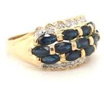 14kt Yellow gold 3 row marquise sapphire and diamond ring