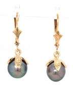 14kt Yellow gold 7.5mm Tahitian pearl dangle earrings