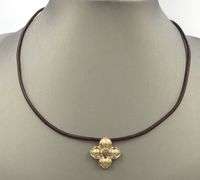 14kt Yellow gold diamond flower pendant on brown leather cord