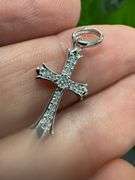 Rhodium Plated 925 Sterling Silver Moissanite Encrusted Fleur-De-Lis Cross