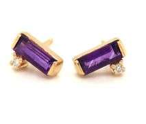 14KT Yellow gold baguette amethyst and diamond accent stud earrings
