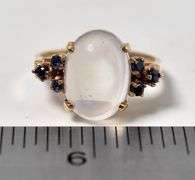 Stunning 10K Yellow Gold Moonstone Gemstone Ring with Blue Sapphire Gemstone Accents