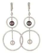4.95ctw Diamond and Pearl Double Open Circle Dangle Earrings in 18K