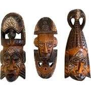 Set of 3 Hand-Carved African Wooden Tiki Masks