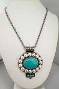 925 Sterling Silver Vintage Southwestern Style Turquoise And pearl Pendant With Rope chain