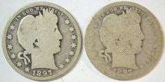 2 Scarce 1897-O Barber Quarters in circ