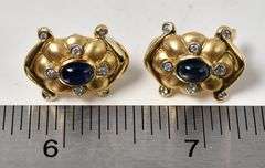 Interesting 14K Yellow Gold Blue Sapphire Gemstone Dangle Earrings with Diamond Accents