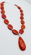 925 Sterling Silver LUC Sign Lucas Lameth Red Coral Pendant and Disk Shape Bead Necklace