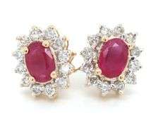 14kt Yellow gold oval ruby with RBC diamond halo earrings