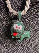 925 Sterling Silver Iced Out Dog Green Black & Clear CZ w/ Italian 7.5mm 22" Solid Rope Chain