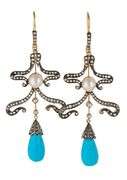 3.00ctw Rose Cut Diamond Pearl and Turquoise Chandelier Dangle Earrings in 18K
