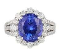 New 4.50ct Oval Tanzanite and 1.45ctw Diamond Frame Triple Shank Ring in 14K