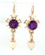 14kt Yellow gold amethyst and pearl dangle earrings