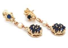 14kt Yellow gold pearl and sapphire cluster dangle earrings