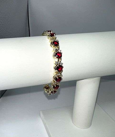 Gold Plated Lab Simulated 16.5 Cttw Red Ruby Diamond Tennis Bracelet