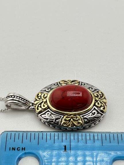 925 Sterling Silver Bezel Set Floral Pattern Red Coral Color Pendant With Chain Necklace