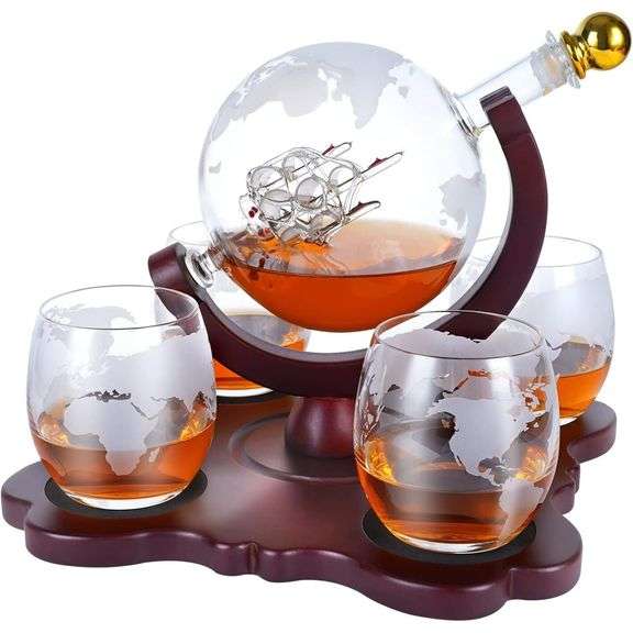 Crystal Whiskey Globe Decanter Set with Four Glasses