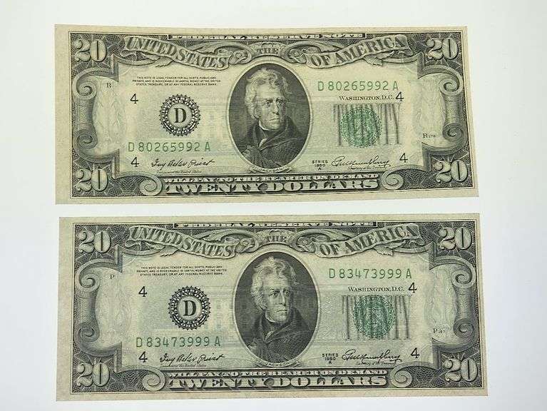 (Lot Of 2) 1950A $20 Federal Reserve Notes, UNC
