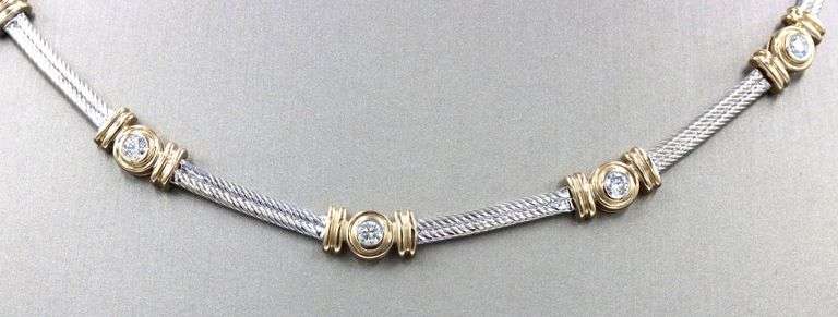 14kt Tow tone gold 1.40ctw bezel set diamond cable station collar necklace