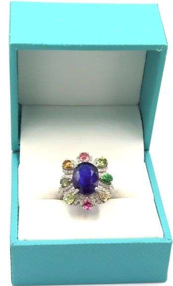 Fabulous 4.35CTS Oval Blue Sapphire, 1.30CTW Tourmaline  & Diamond Ring in 14KT White Gold Over Ster