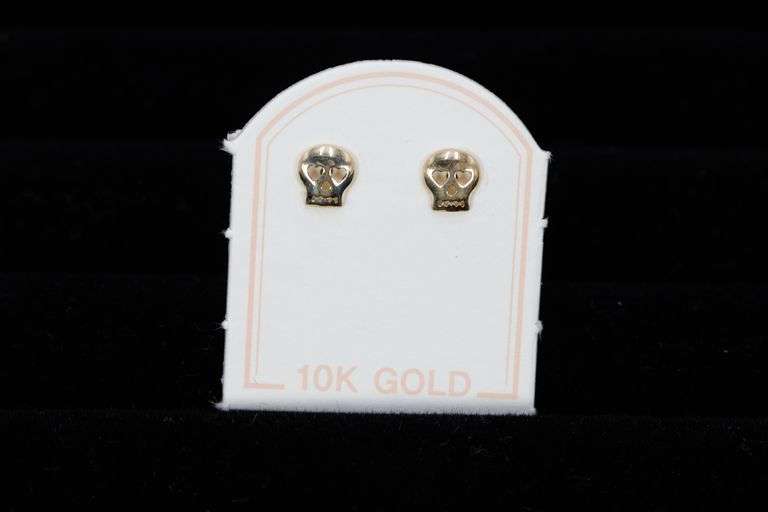 10k Yellow Gold Biker Skull Heart Eye Face Stud Earrings