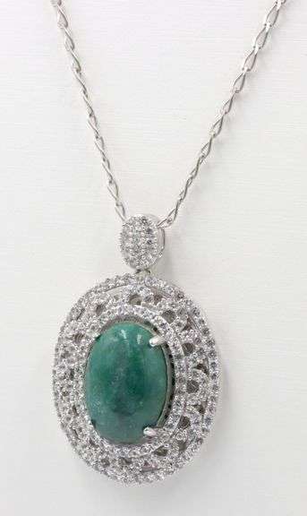 Darling 10.79CTS Oval Cabochon-Cut Emerald & 2.85CTW Round Colorless Sapphire Pendant Necklace in Pl
