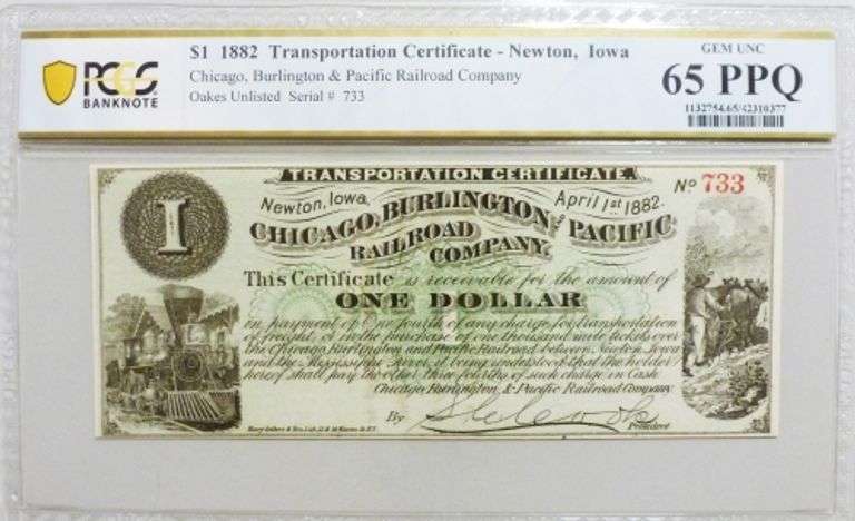 Superb Crisp $1 1882 Railroad Note Newton Iowa PCGS 65 PPQ!