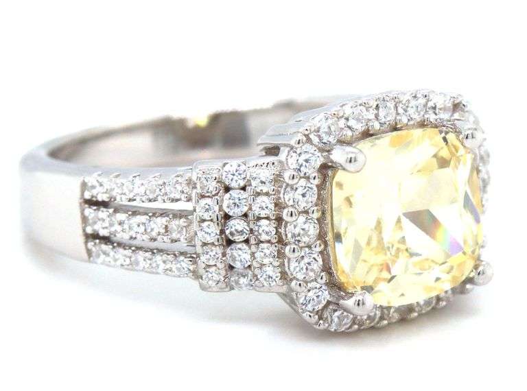 925 Sterling silver yellow cubic zirconia ring with white CZ
