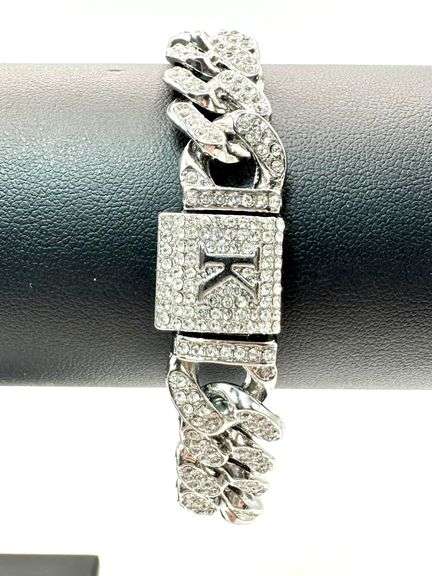 Sparkling 14 Kt White Gold Plate 34.5 Gram Monogramed Initial "K" Curb Link Bracelet