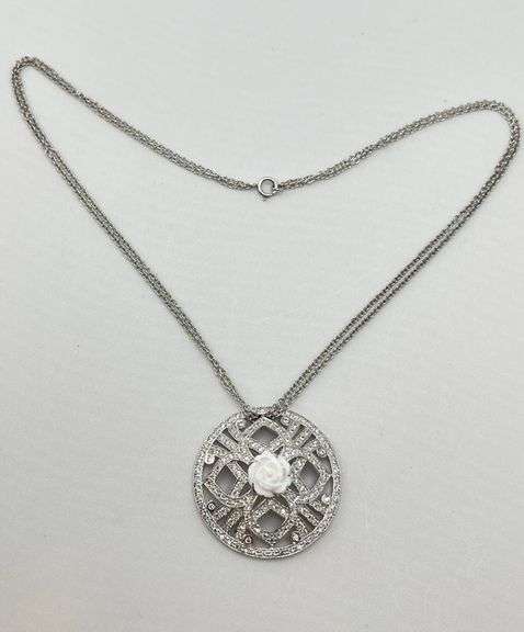 925 Sterling Silver Filigree Round Crystal Pave With carved Rose Motif In Center Pendant With Double