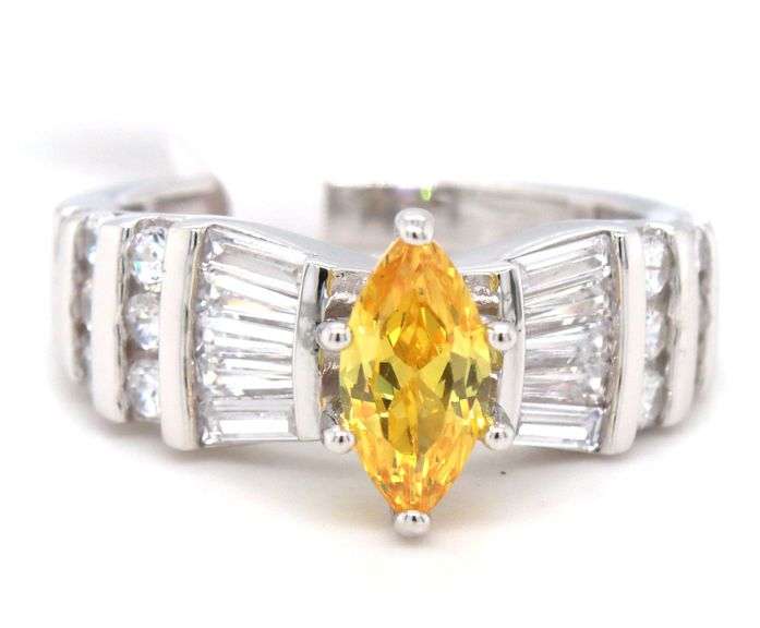 Yellow Marquise and white round and baguette cubic zirconia ring in 925 sterling silver