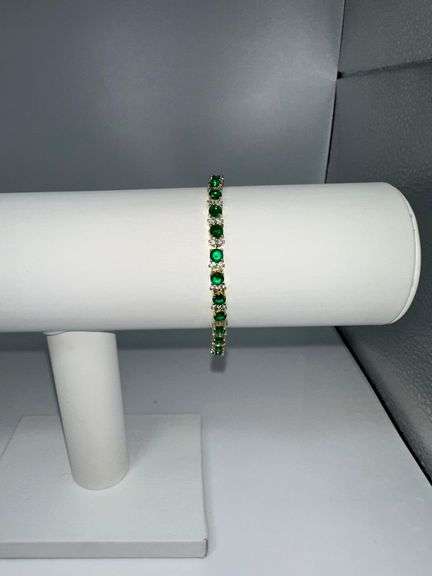 Gorgeous 18 Kt Yellow Gold Plated Simulated Emerald and Diamond Tennis Bracelet