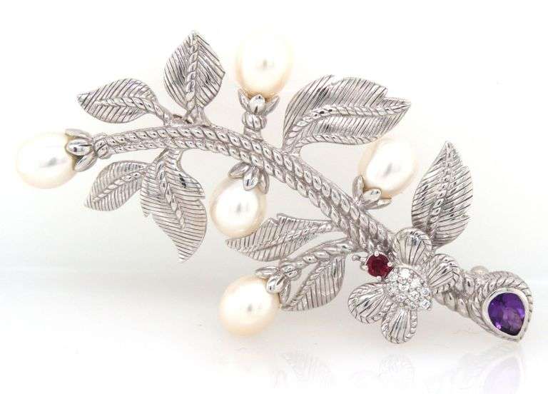 925 Sterling silver Judith Ripka fresh water pearl, amethyst and garnet brooch