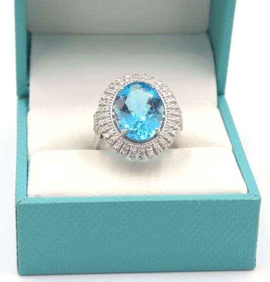Gorgeous 8.00CTS Oval Faceted Blue Topaz & Diamond in 14KT White Gold Over Sterling Silver