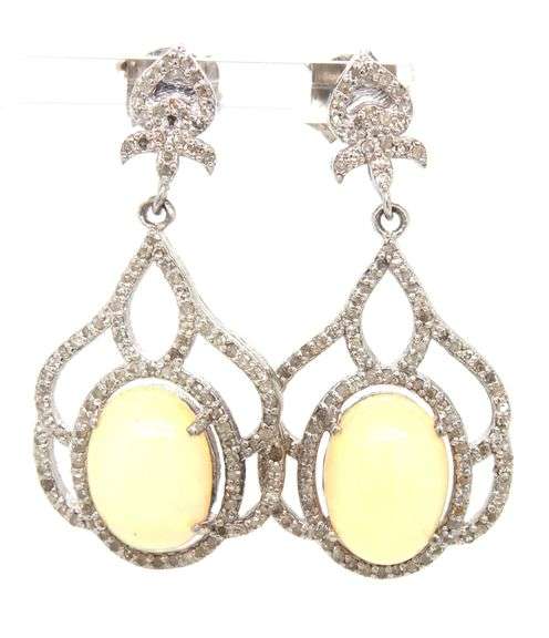 Enchanting Pair of 6.65CTW Oval Cabochon-Cut Opal W/ Fire and 1.30CTW Diamond Dangle Earrings in Ste