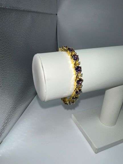 Beautiful 14 Kt Yellow Gold Plated Lab Simulated 16.5 Cttw Amethyst Diamond Tennis Bracelet