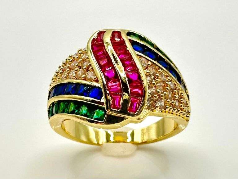 14 Kt. Yellow Gold Plate 4.75 Ct Simulated  Ruby, Sapphire, and Emerald Ring