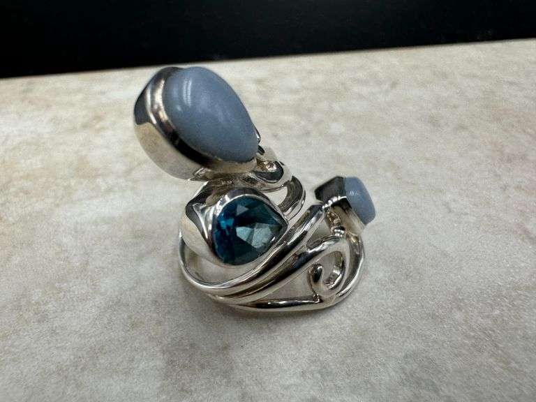 Sterling Silver 925 Natural Gemstone Blue Topaz and Angelite Ring Size 6.5 Adjustable