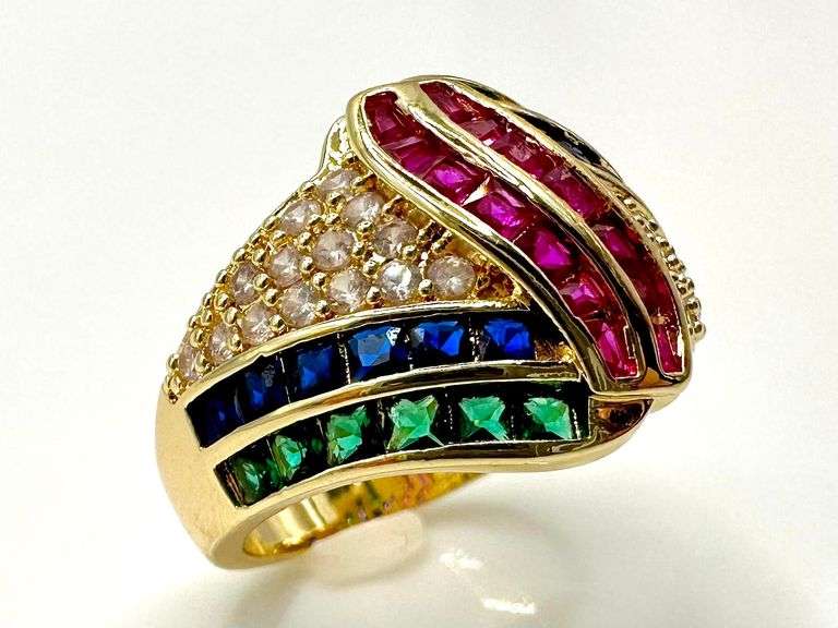 14 Kt Yellow Gold Plated 4.75 Ctw Simulated Diamond, Ruby , Blue Sapphire and Emerald Ring