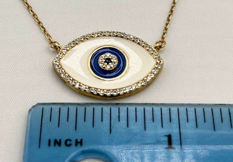 925 Gold Tone Sterling Silver Evil Eye White Enamel Blue Eye Center Pendant With Chain Necklace